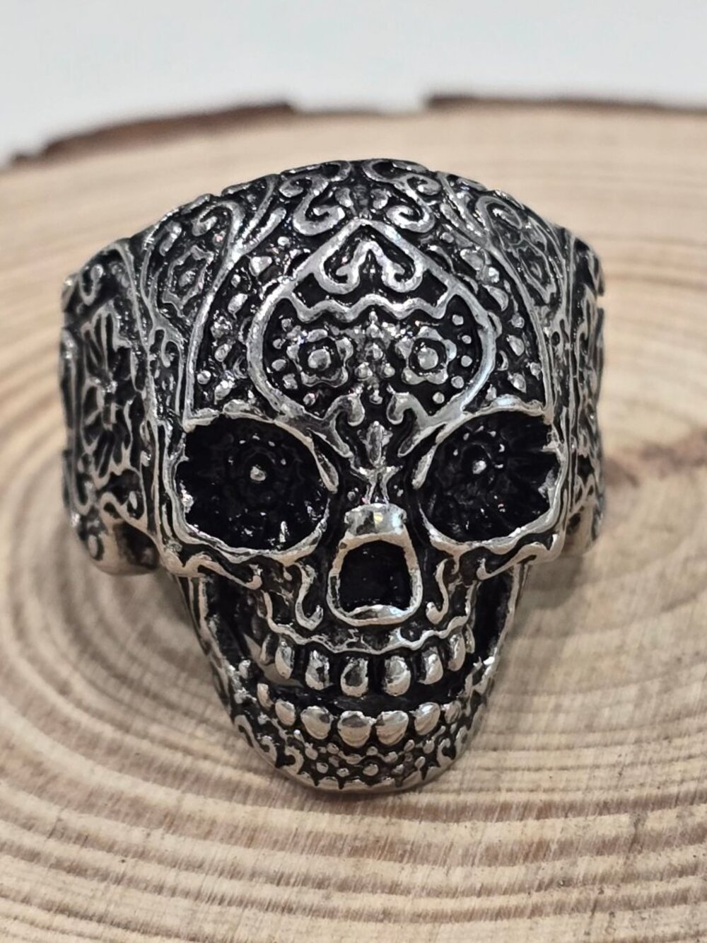 Mens Sugar Skull Ring ✦ Stainless Steel Ornate Floral Engraving ✦ Gothic Size 13